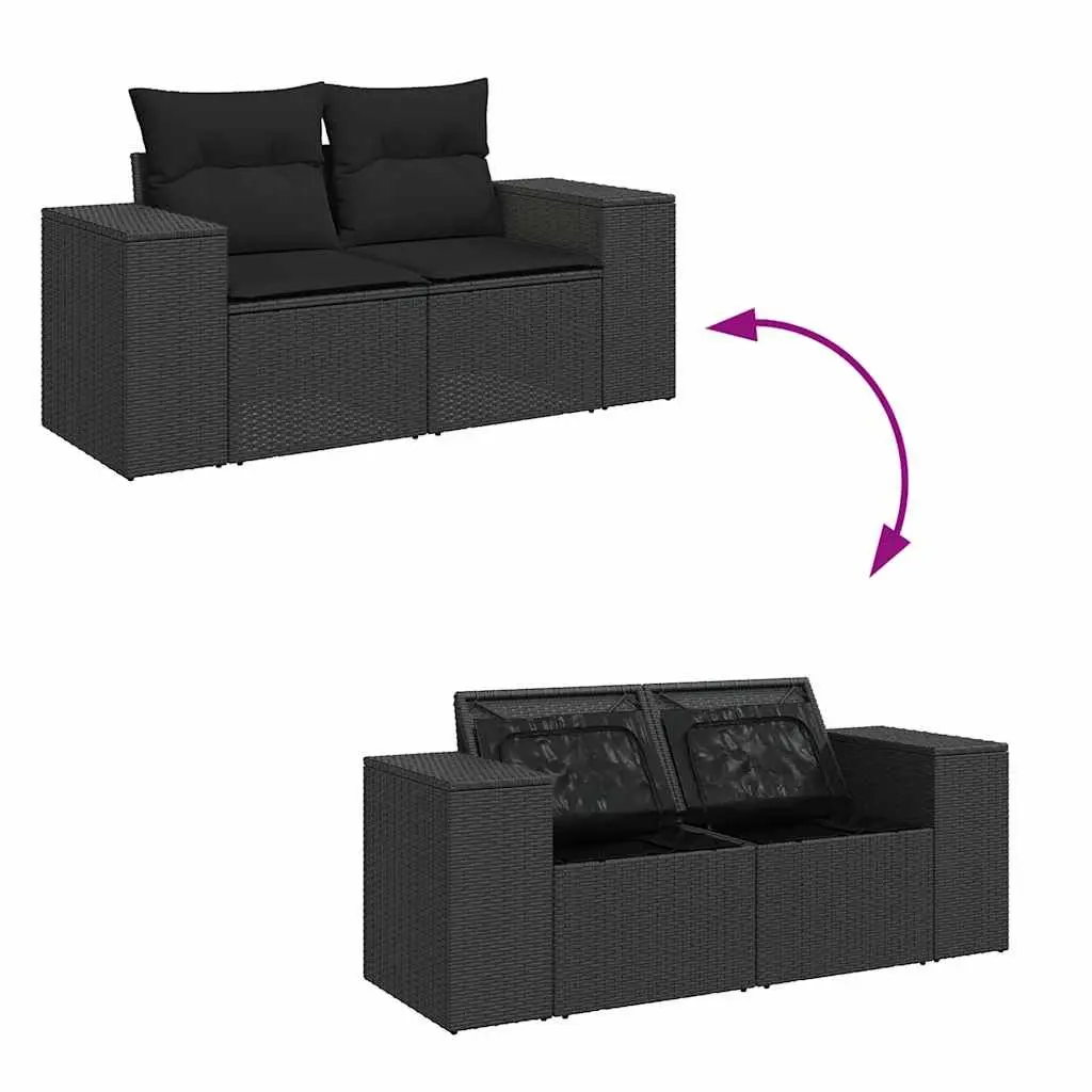 2SeaterGardenSofaOutdoorFurnitureBlackRattanModularDesignWithCushionsAndStorageCompartment