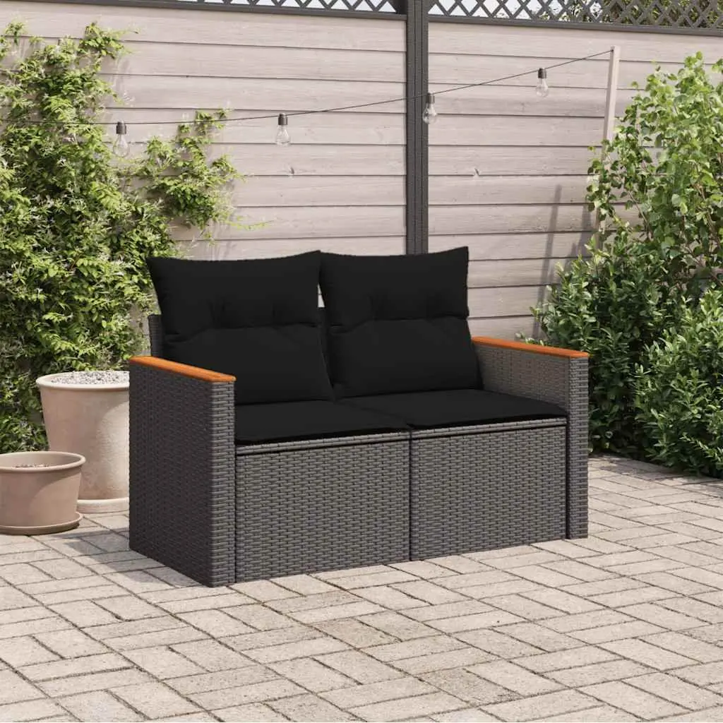 2-Seater Outdoor Garden Sofa for Patio Black Poly Rattan with Storage Cushions