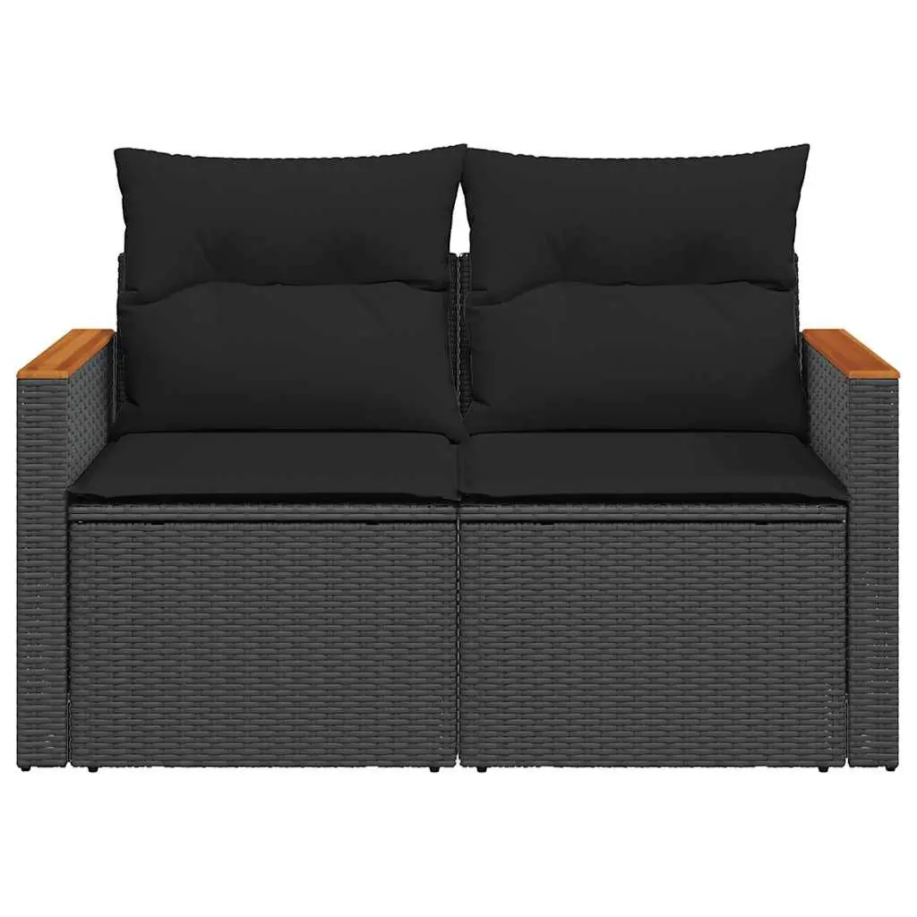 2-Seater Outdoor Garden Sofa for Patio Black Poly Rattan with Storage Cushions
