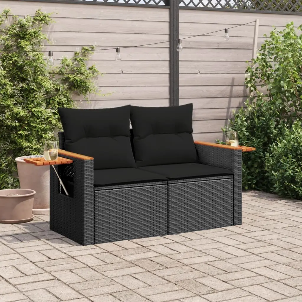 Garden Sofa 2-Seater Outdoor Patio Black Poly Rattan with Cushions