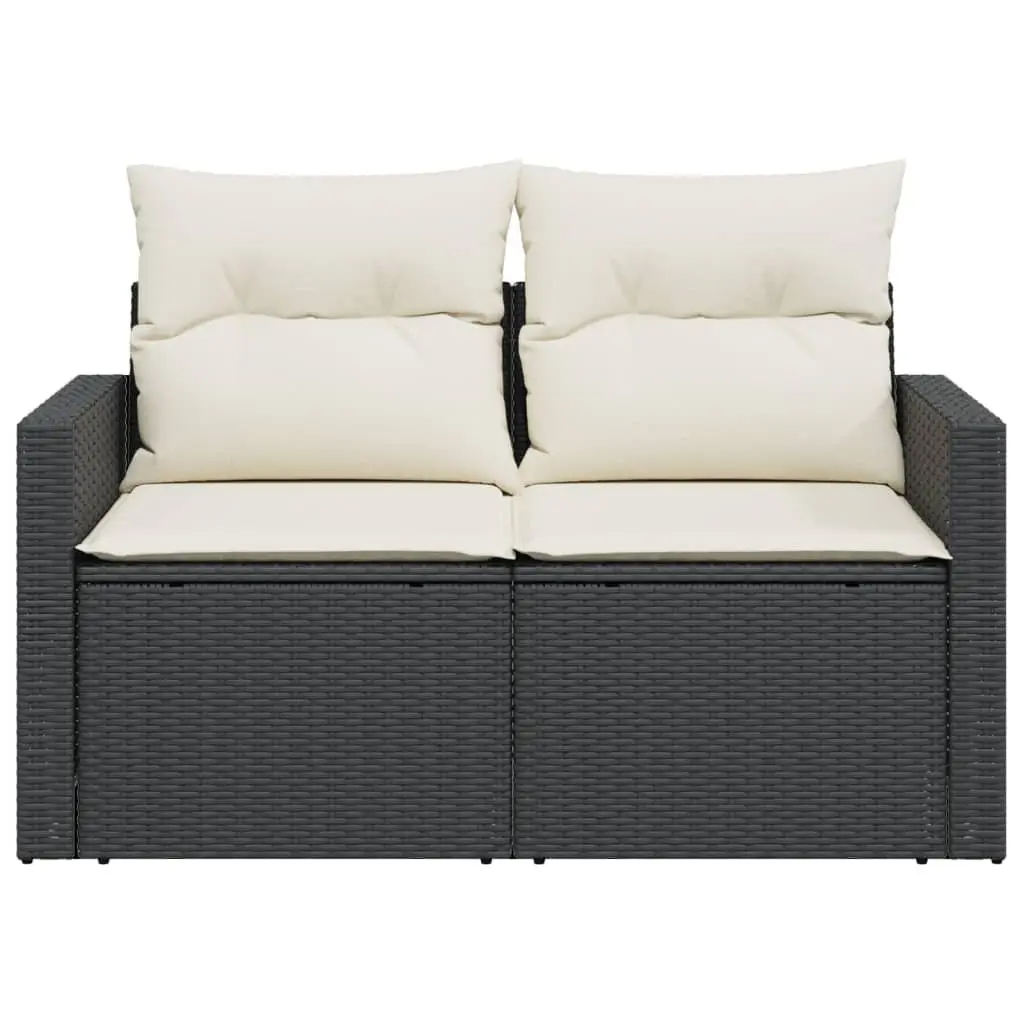 2-Seater Outdoor Garden Sofa for Patio Black Poly Rattan with Cushions