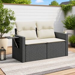 2-Seater Garden Sofa - PE Rattan with Cushions, Black