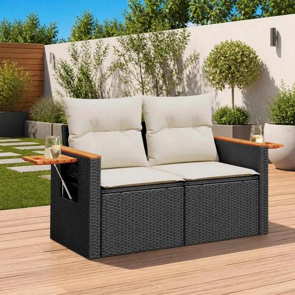 2-Seater Outdoor Garden Sofa with Cushions Black Poly Rattan