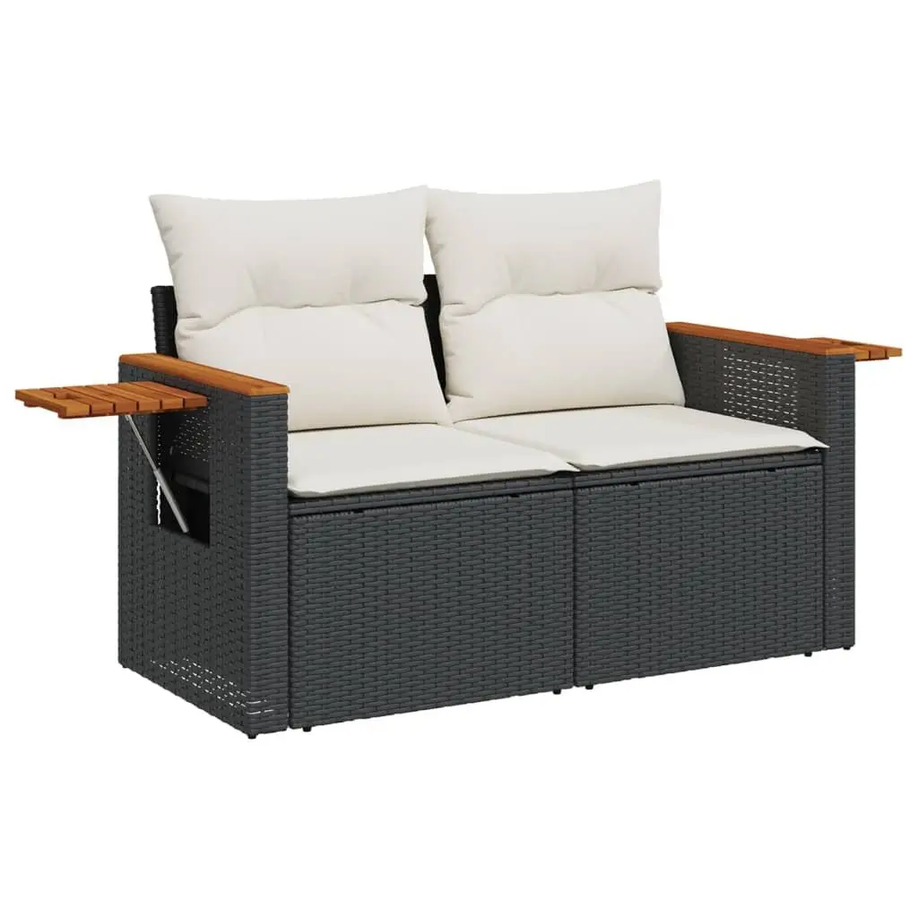 2-Seater Outdoor Garden Sofa with Cushions Black Poly Rattan