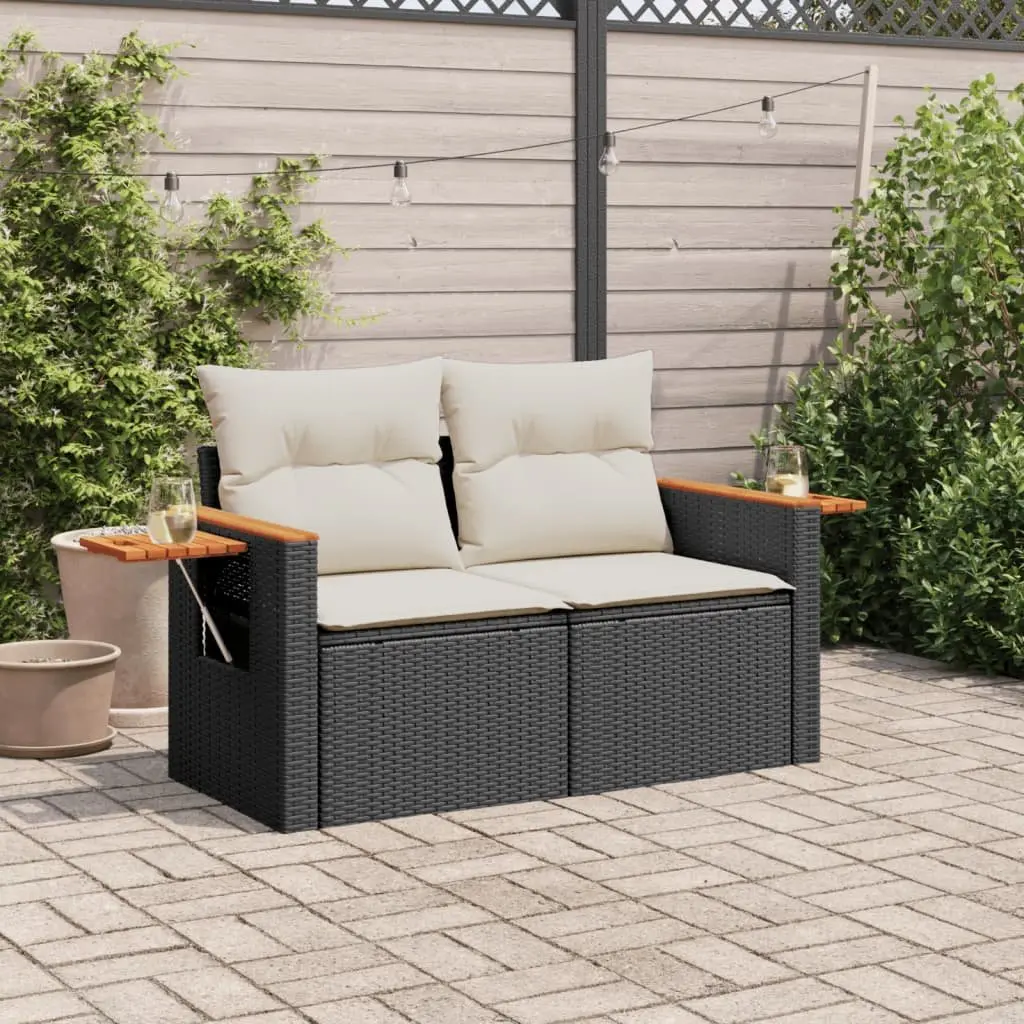 2-Seater Outdoor Garden Sofa with Cushions Black Poly Rattan