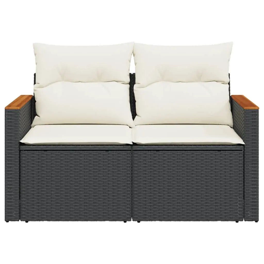 2-Seater Outdoor Garden Sofa with Cushions Black Poly Rattan