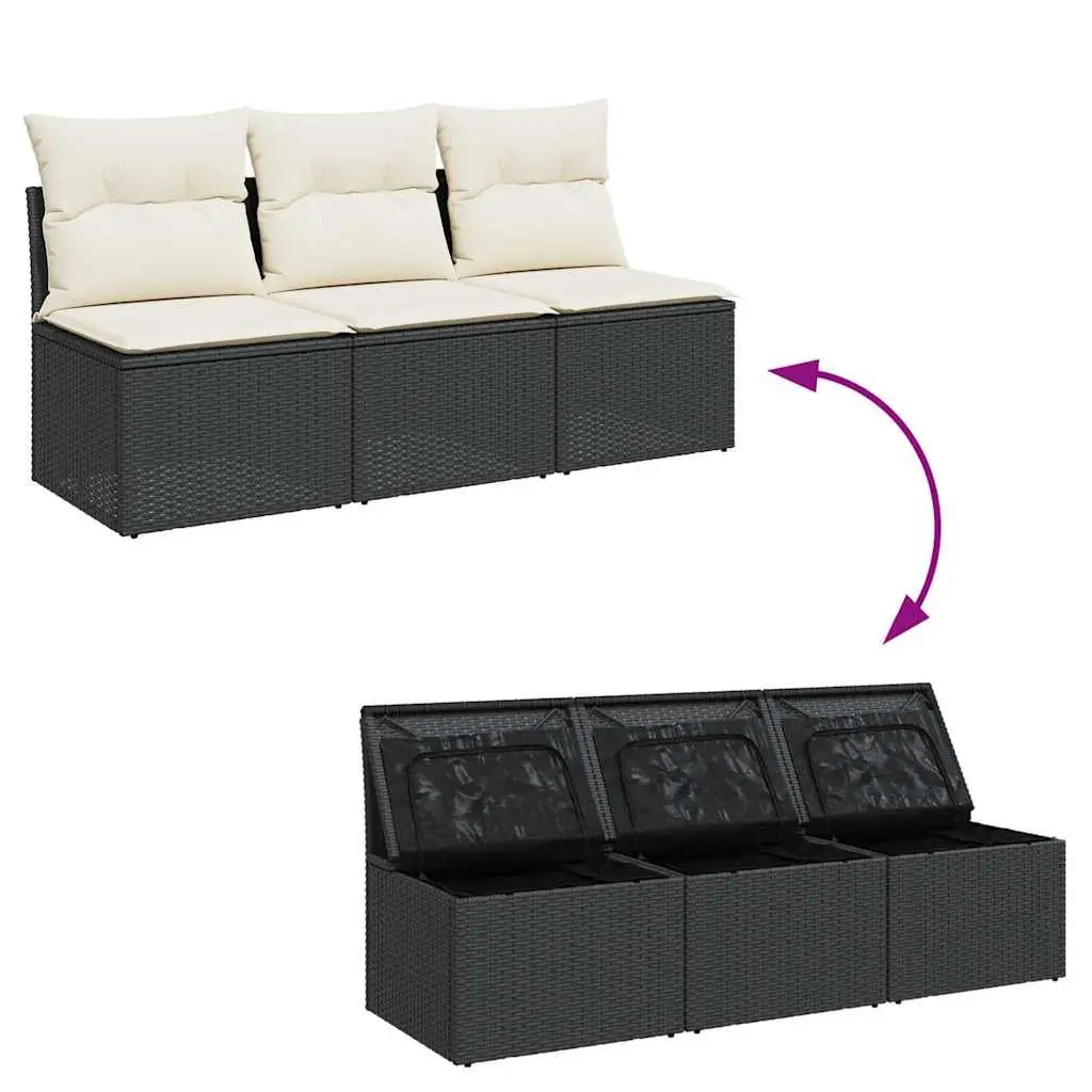 Outdoor Garden Sofa 3-Seater Black PE Rattan with Cushions Storage Modular