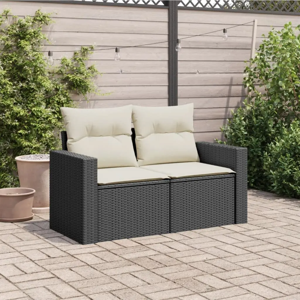 2-Seater Outdoor Garden Sofa Black Poly Rattan Patio Furniture with Storage Cushions