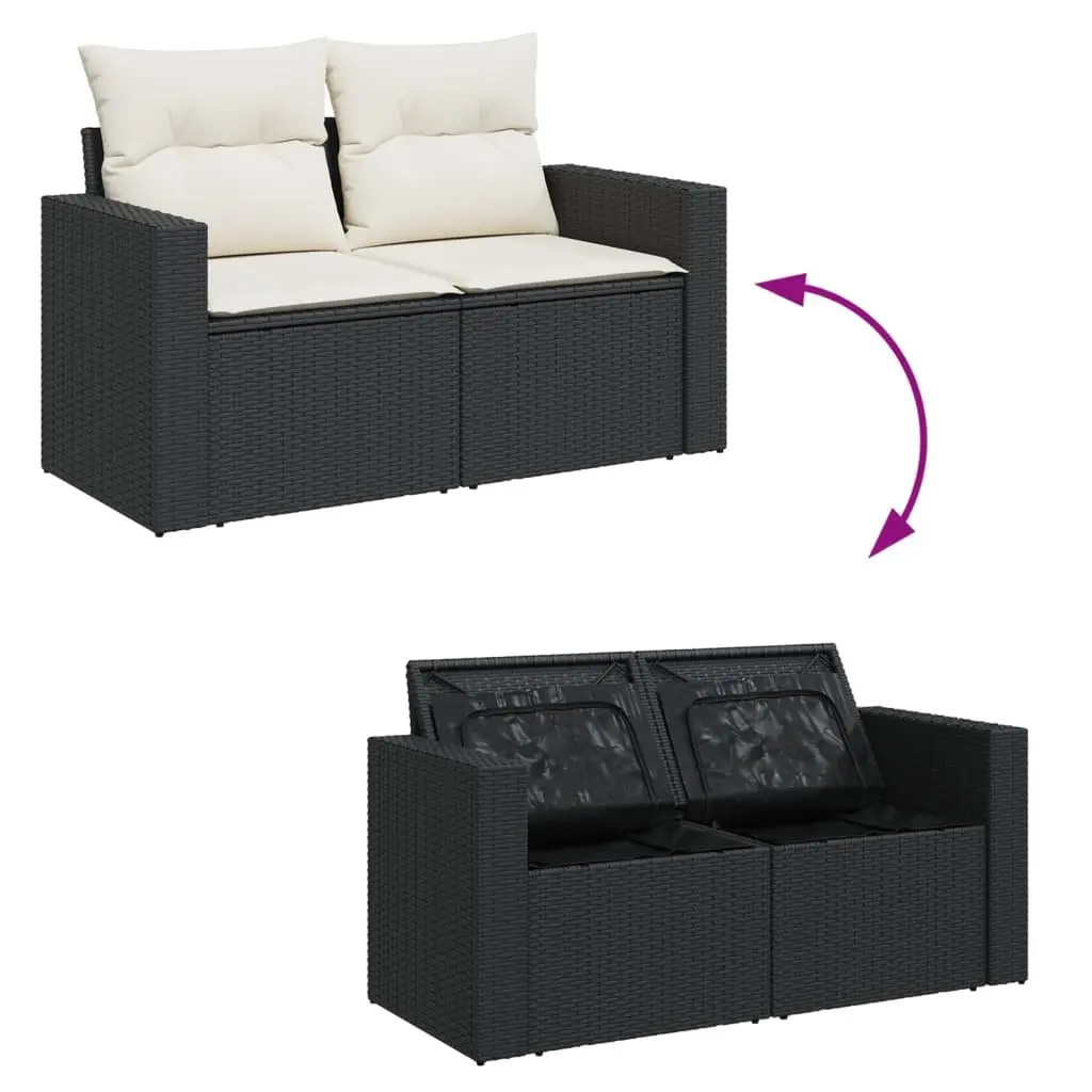 2-Seater Outdoor Garden Sofa Black Poly Rattan Patio Furniture with Storage Cushions
