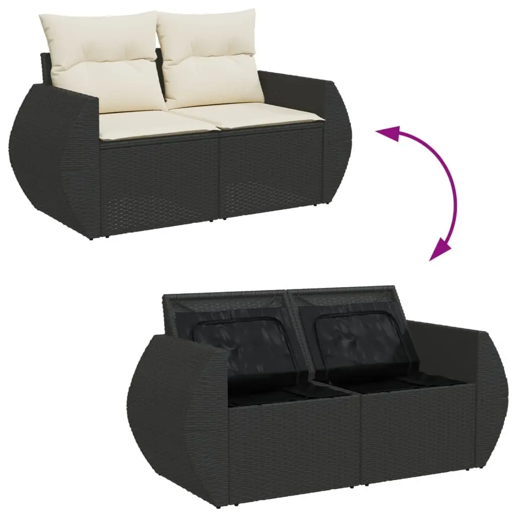 2-Seater Outdoor Sofa Black PE Rattan Garden Furniture with Storage