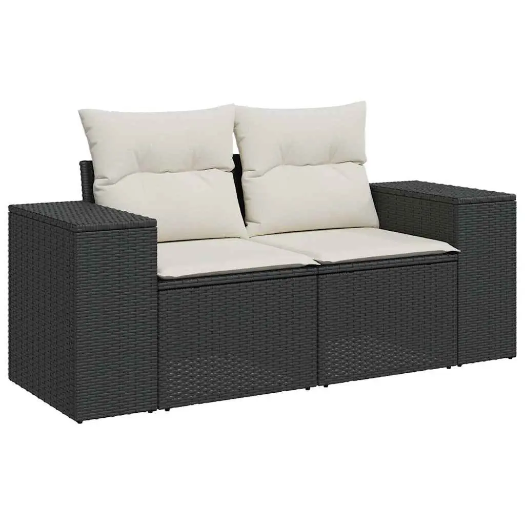 2-Seater Garden Sofa for Outdoor Patio Black Poly Rattan with Cushions and Storage
