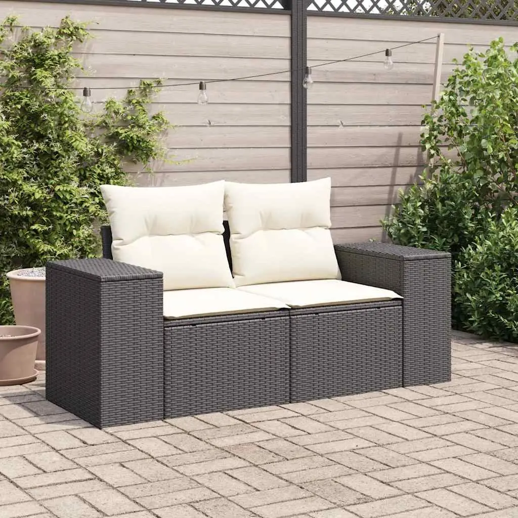 2-Seater Garden Sofa for Outdoor Patio Black Poly Rattan with Cushions and Storage