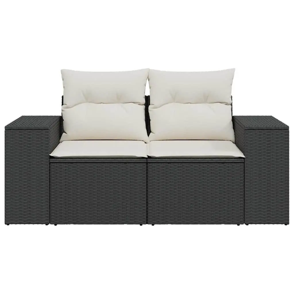 2-Seater Garden Sofa for Outdoor Patio Black Poly Rattan with Cushions and Storage