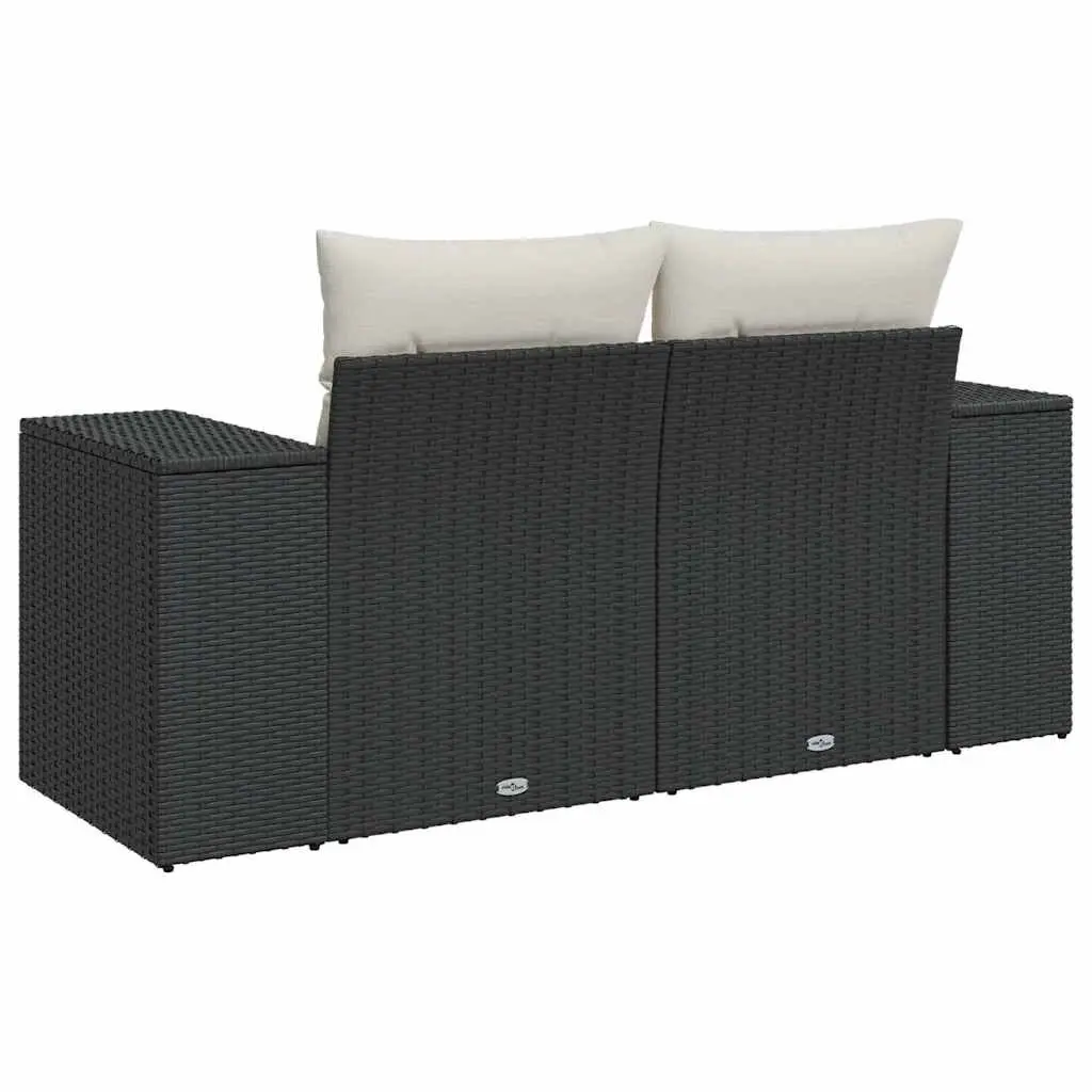 2-Seater Garden Sofa for Outdoor Patio Black Poly Rattan with Cushions and Storage