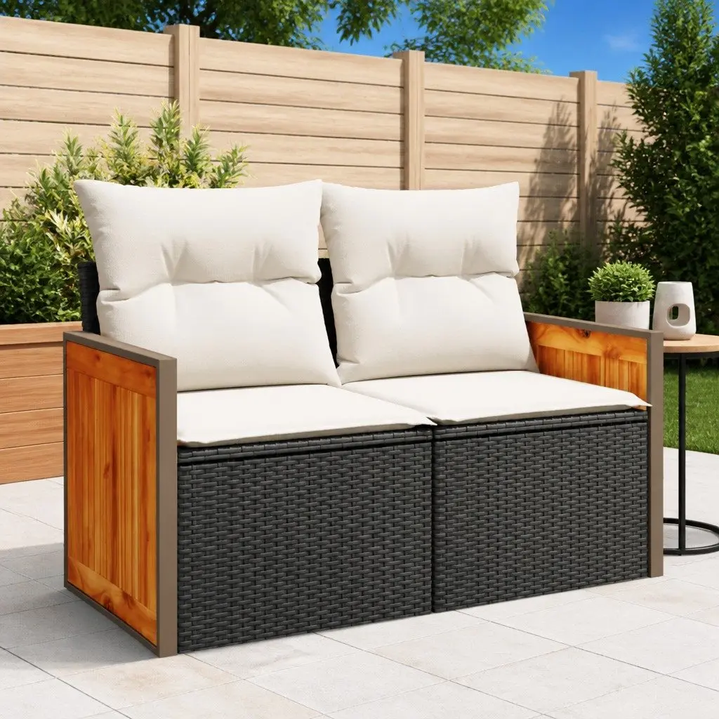 2-Seater Garden Sofa Outdoor Modular Black PE Rattan with Cushions and Storage