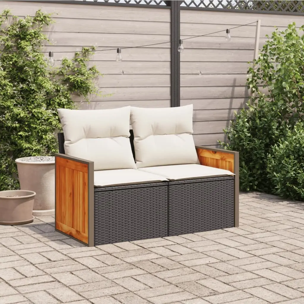 2-Seater Garden Sofa Outdoor Modular Black PE Rattan with Cushions and Storage