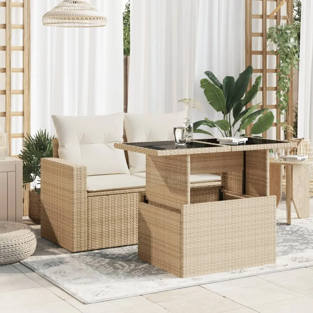 Garden Table with Adjustable Glass Top Outdoor Furniture Beige Poly Rattan