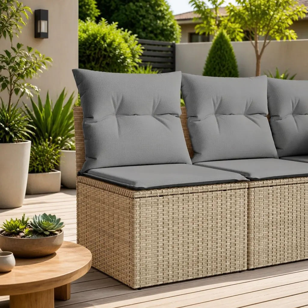 Garden Sofa Armless Outdoor Modular Beige Poly Rattan Seating with Cushions