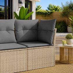 Outdoor Corner Sofa Poly Rattan Garden Furniture with Padded Cushions Beige