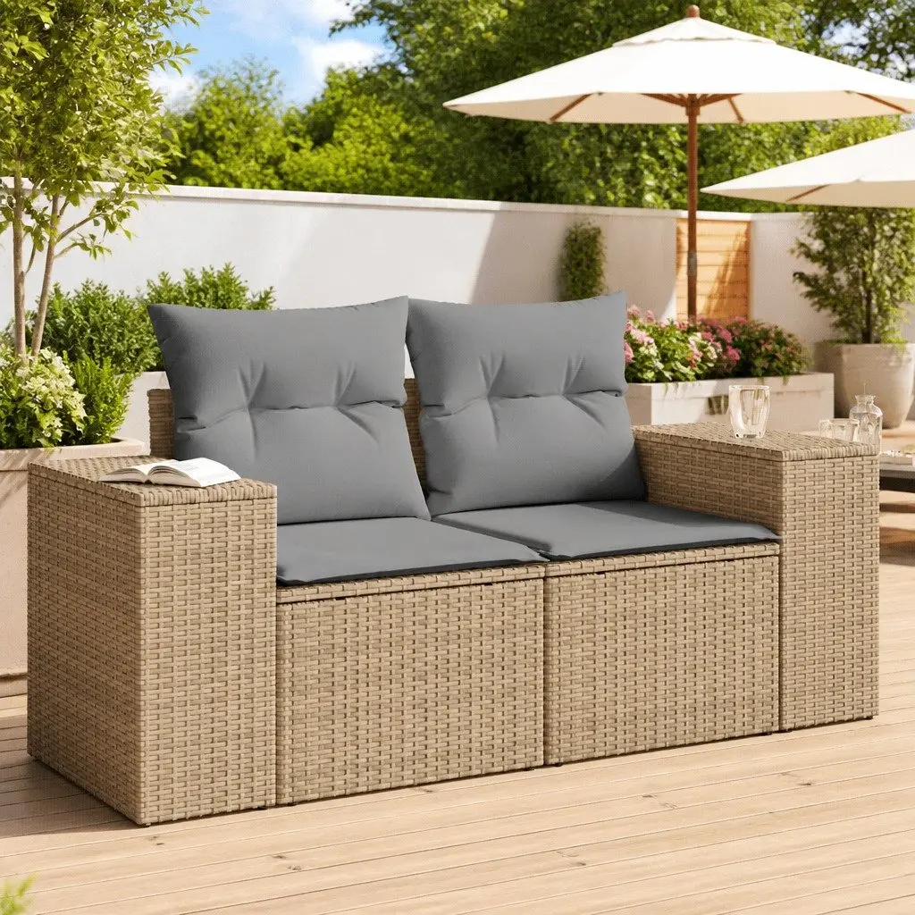 2-Seater Garden Sofa Outdoor Patio Furniture with Cushions Beige Poly Rattan