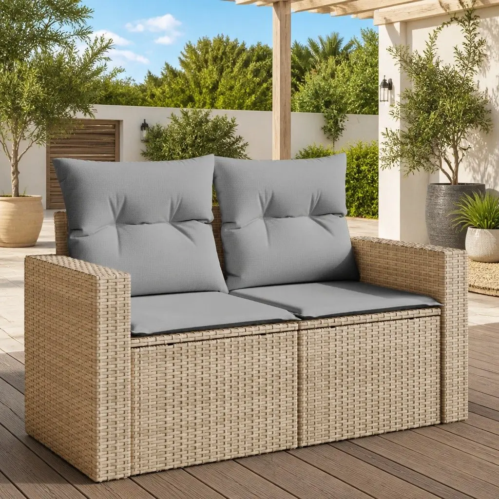 2-Seater Garden Sofa for Outdoor Use with Cushions and Storage Beige