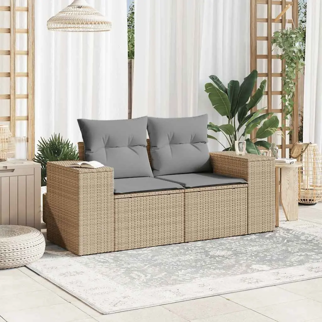 2-Seater Outdoor Garden Sofa for Patio Beige Poly Rattan with Cushions and Storage