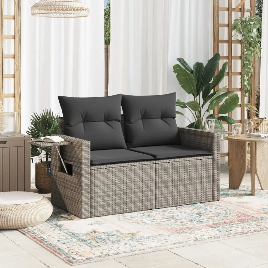 2-Seater Outdoor Sofa Poly Rattan Garden Furniture Grey with Cushions and Foldable Side Table for Patio Relaxation