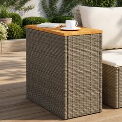 Garden Side Table Outdoor Patio Furniture Grey Poly Rattan Wooden Top