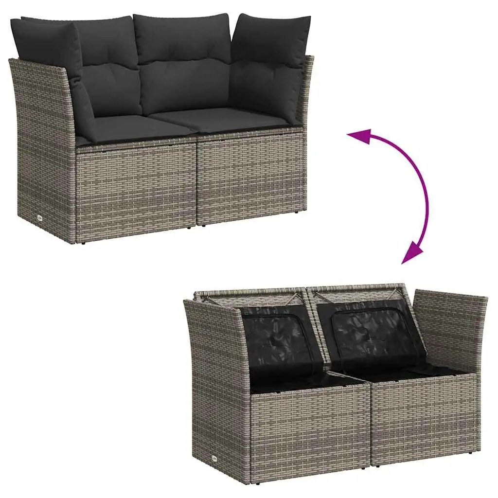 2-Seater Garden Sofa Outdoor Grey Poly Rattan with Cushions and Storage