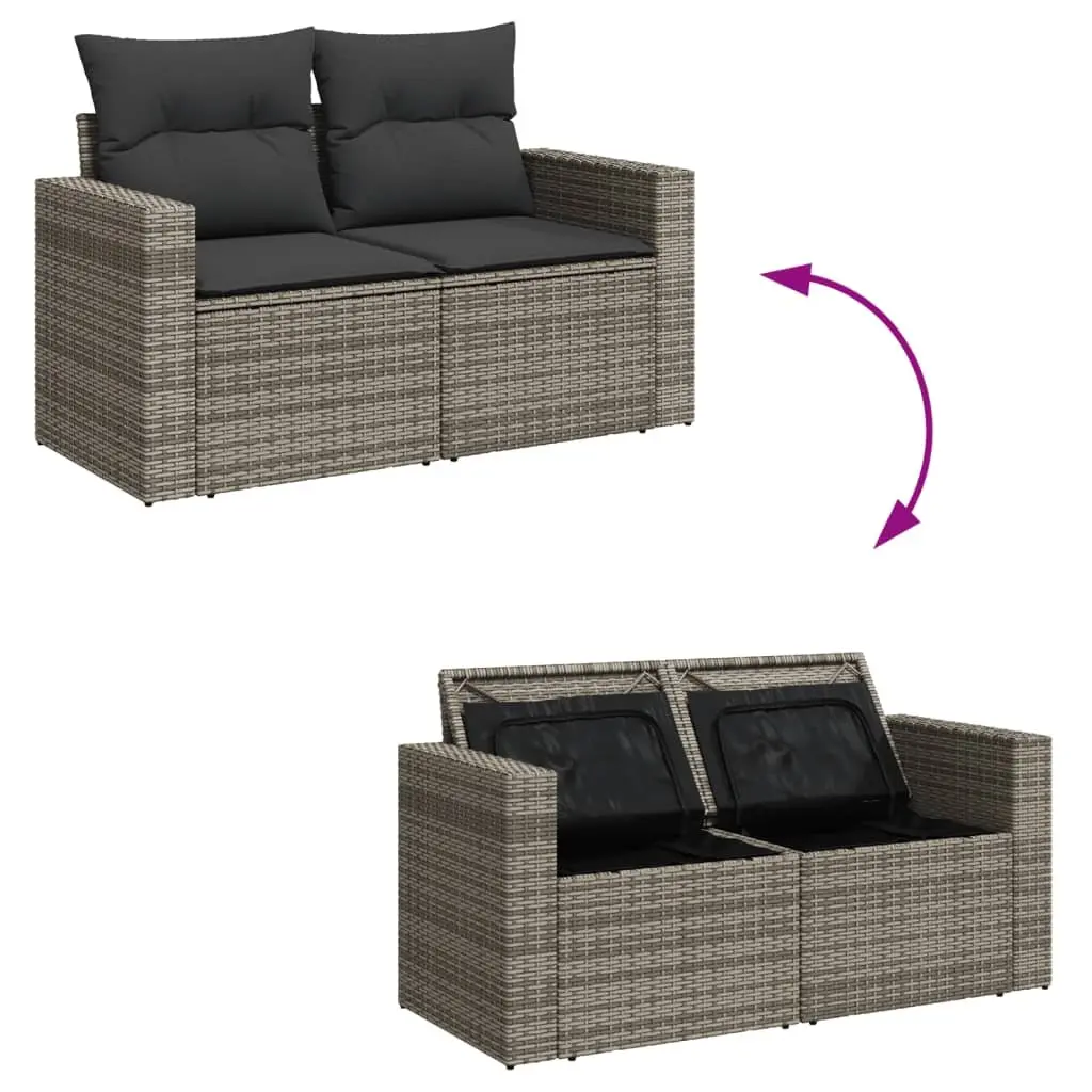 Grey 2-Seater Garden Sofa Poly Rattan Outdoor Furniture with Storage and Cushions