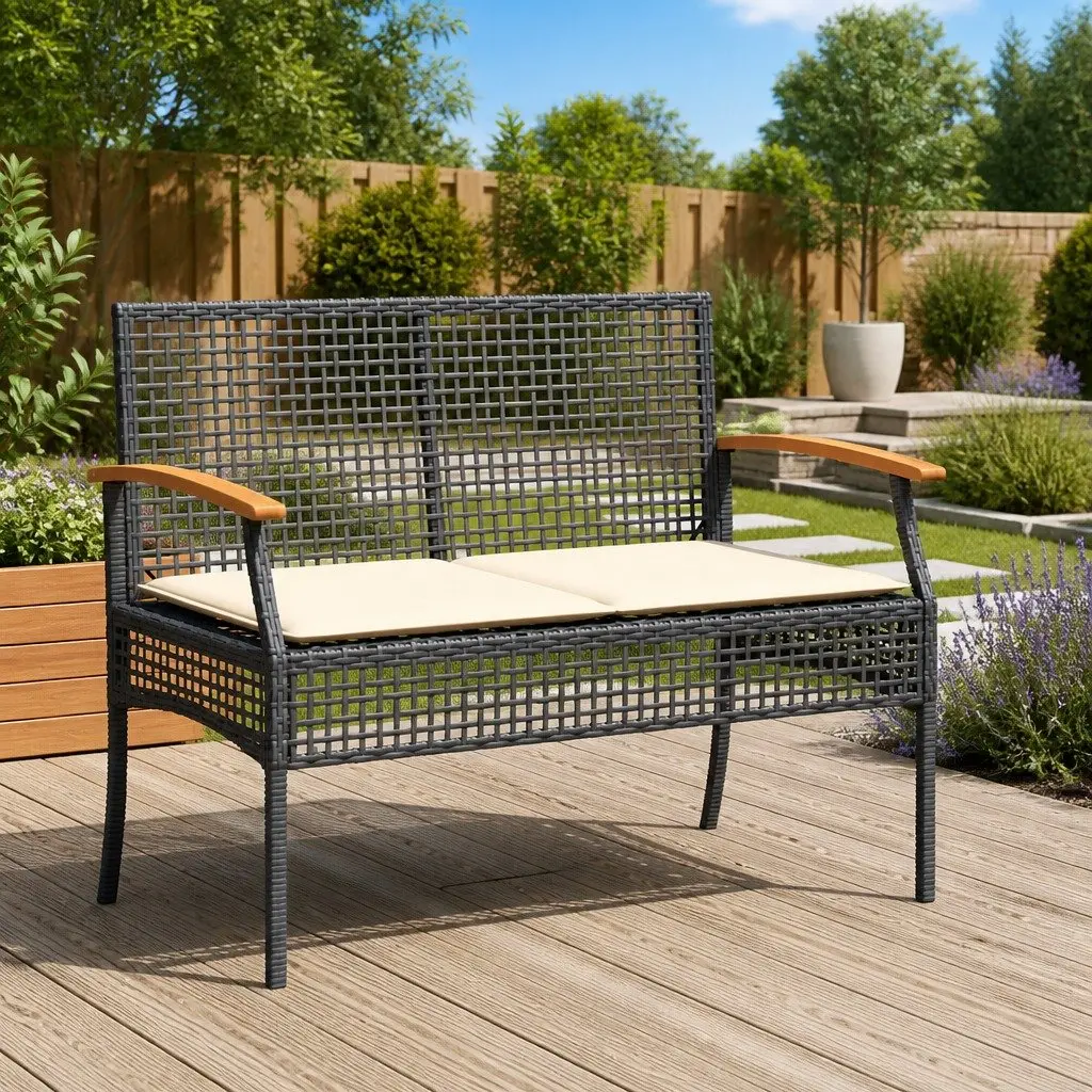 Outdoor Garden Bench Cushioned Black Acacia Wood and Poly Rattan Frame