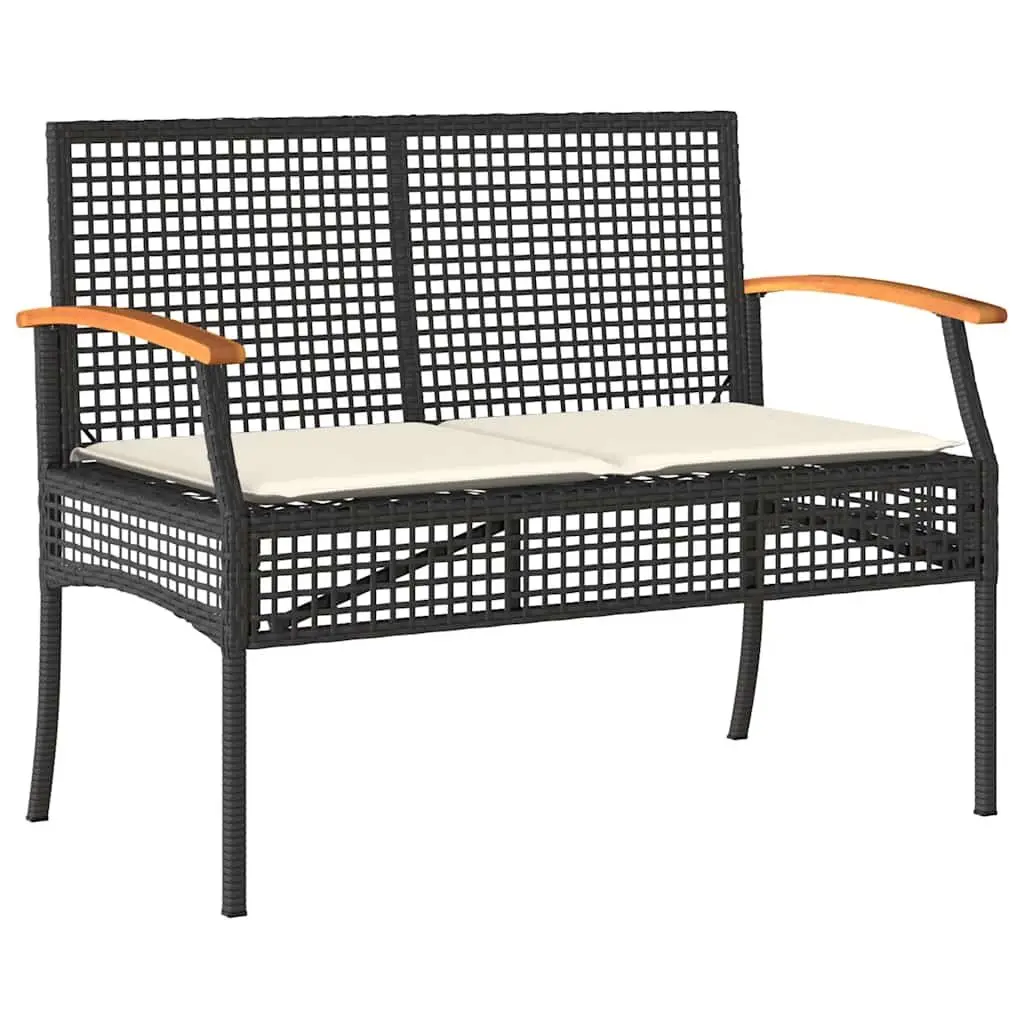 Outdoor Garden Bench Cushioned Black Acacia Wood and Poly Rattan Frame