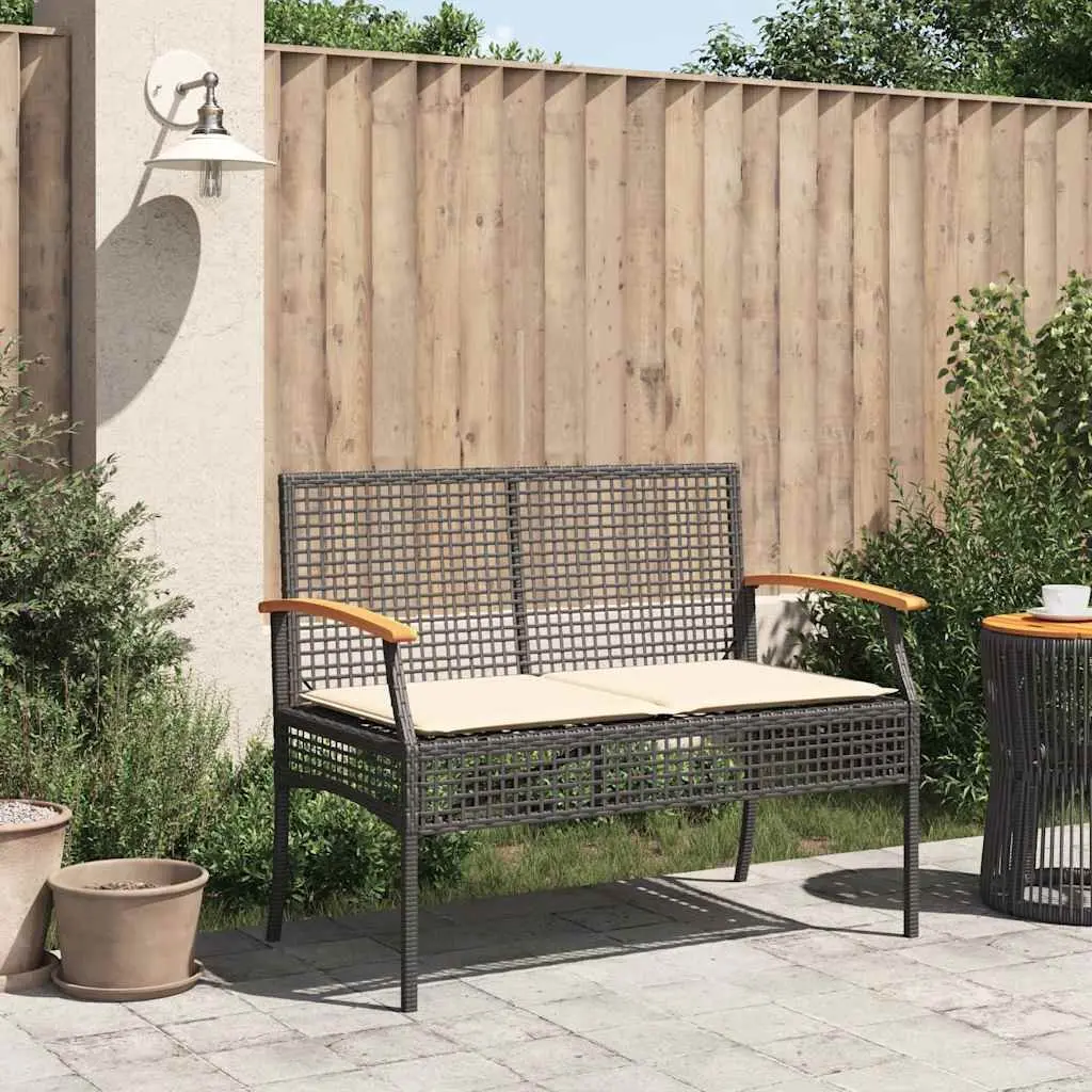 Outdoor Garden Bench Cushioned Black Acacia Wood and Poly Rattan Frame