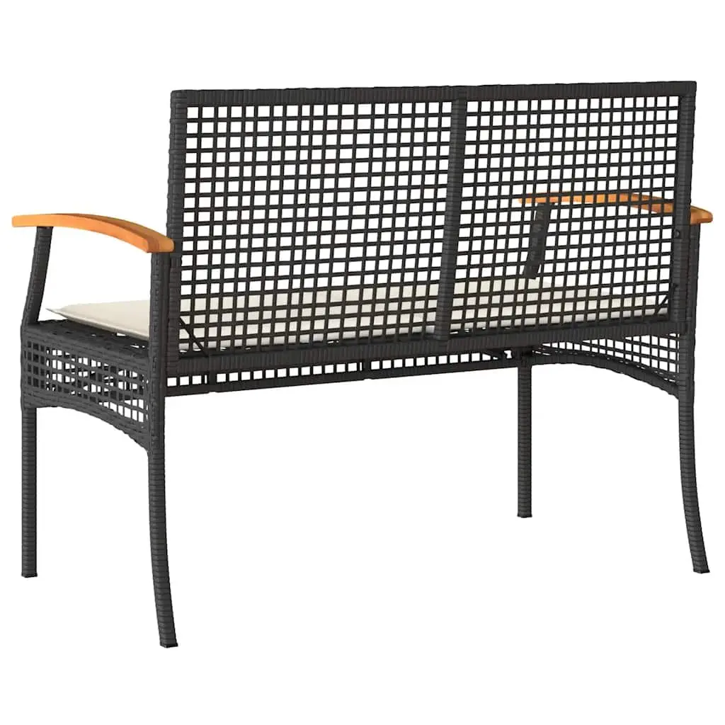Outdoor Garden Bench Cushioned Black Acacia Wood and Poly Rattan Frame