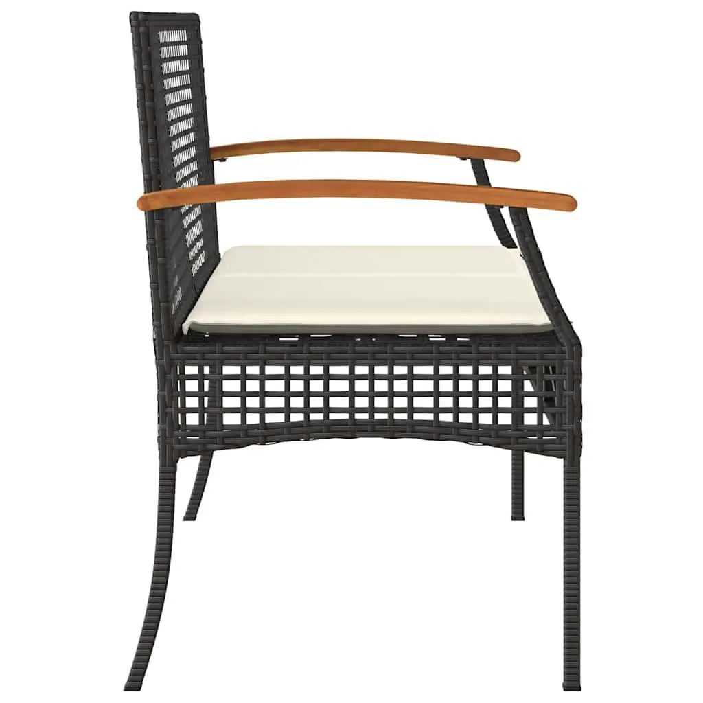 Outdoor Garden Bench Cushioned Black Acacia Wood and Poly Rattan Frame
