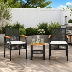 3 Piece Outdoor Bistro Set Black PE Rattan Acacia Wood Table Chairs Cushions