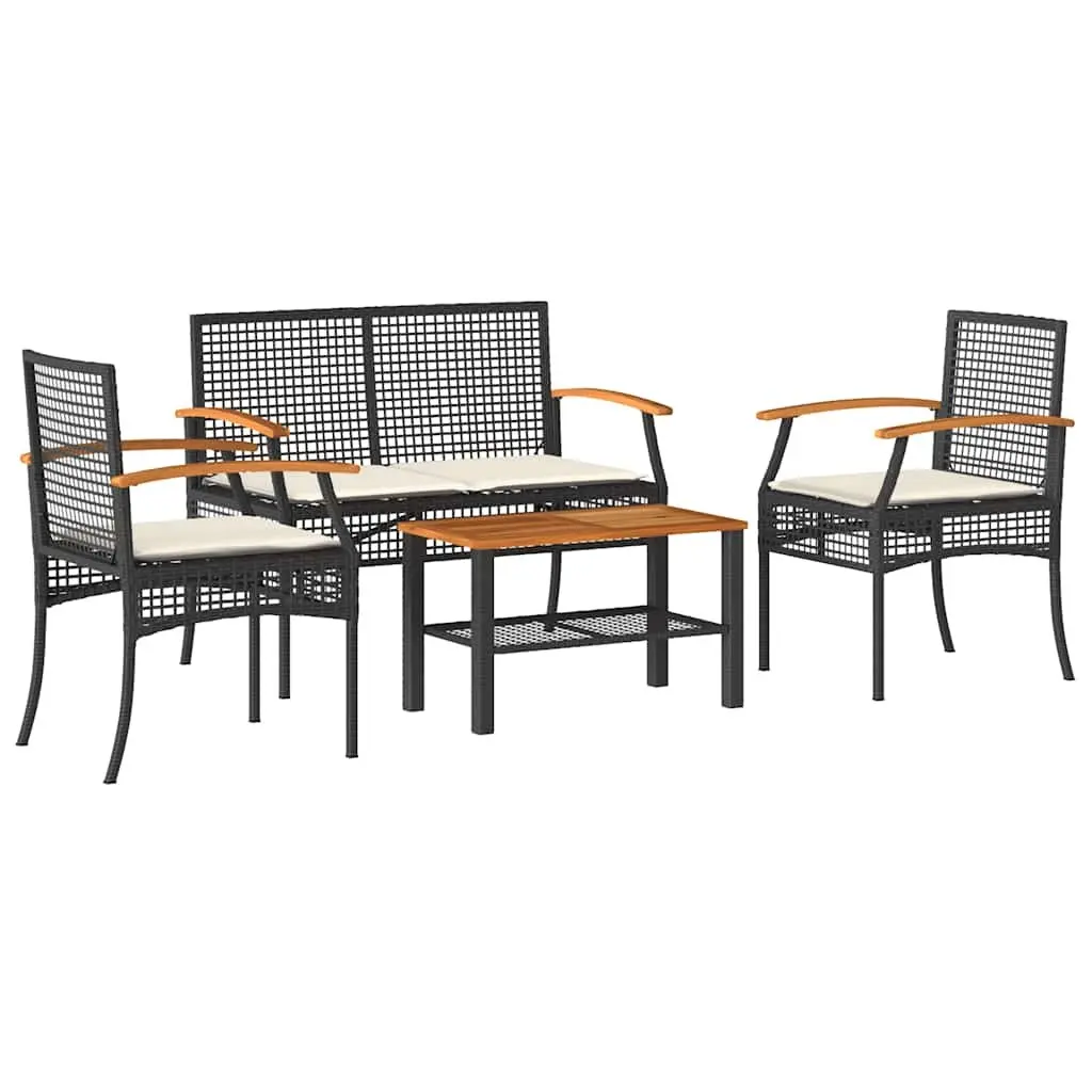 4 Piece Patio Lounge Set for Outdoor Use with Black Poly Rattan Frame and Cushions