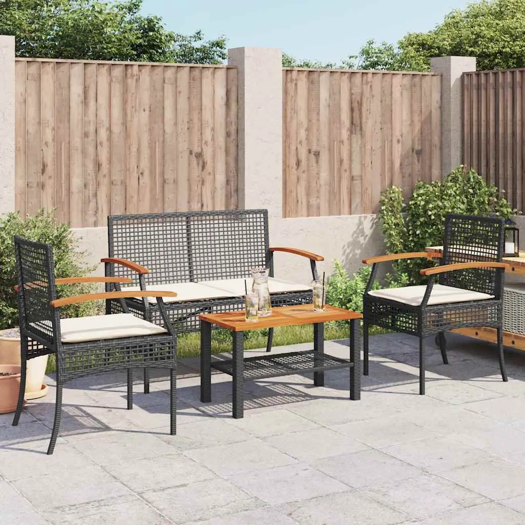4 Piece Patio Lounge Set for Outdoor Use with Black Poly Rattan Frame and Cushions