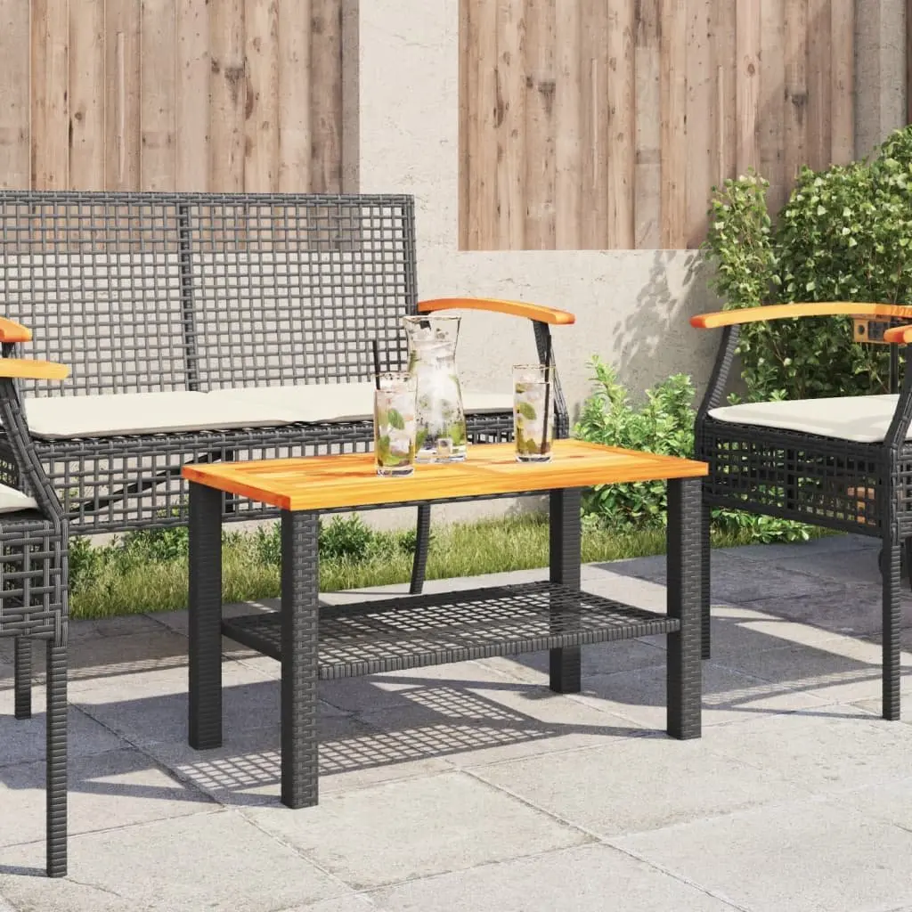 Garden Table Outdoor Patio 70W x 38D x 42H cm Black Poly Rattan Acacia Wood Top