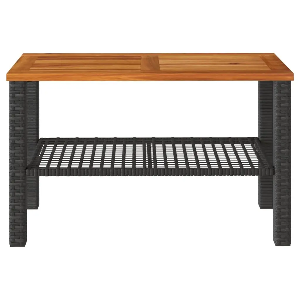 Garden Table Outdoor Patio 70W x 38D x 42H cm Black Poly Rattan Acacia Wood Top
