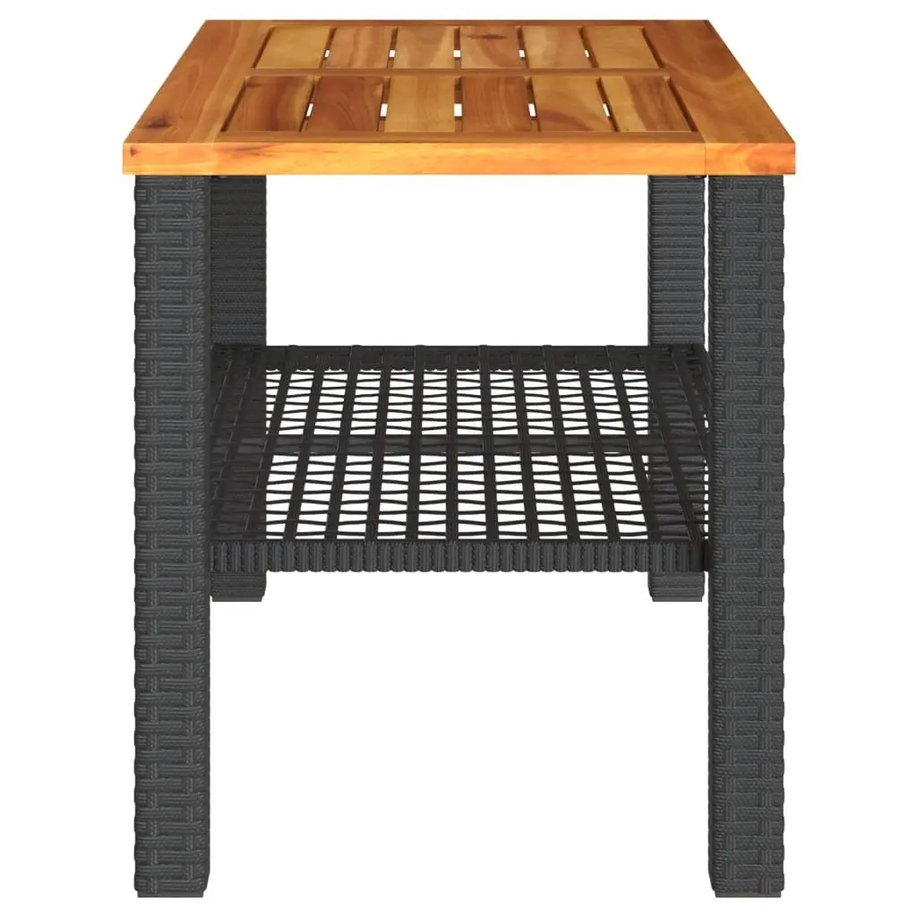 Garden Table Outdoor Patio 70W x 38D x 42H cm Black Poly Rattan Acacia Wood Top