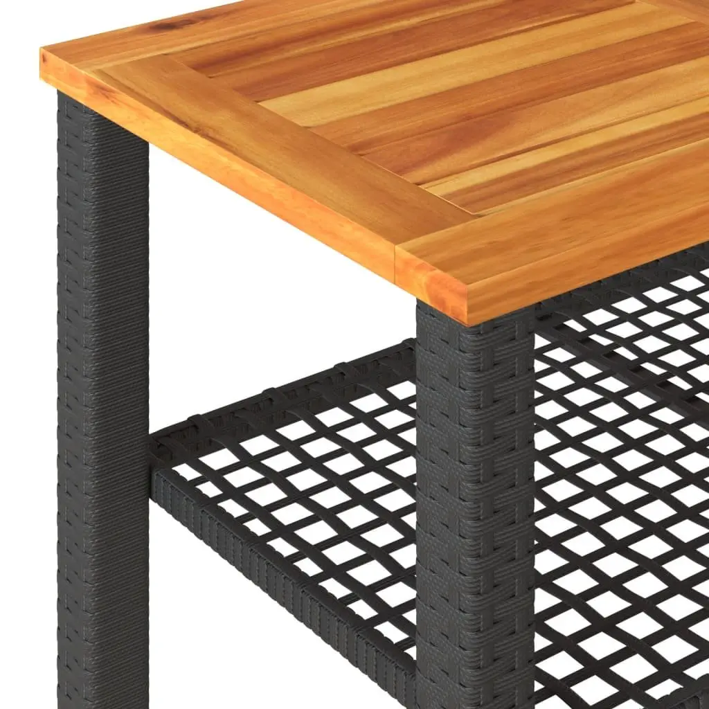 Garden Table Outdoor Patio 70W x 38D x 42H cm Black Poly Rattan Acacia Wood Top