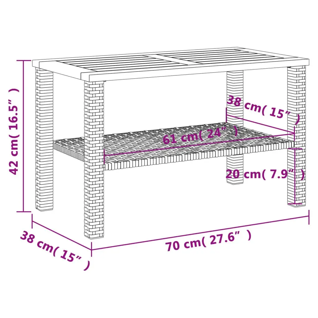 Garden Table Outdoor Patio 70W x 38D x 42H cm Black Poly Rattan Acacia Wood Top