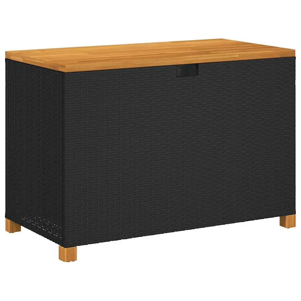 Garden Storage Box Bench Outdoor Patio Black Poly Rattan Acacia Wood 110 x 55 x 63 cm