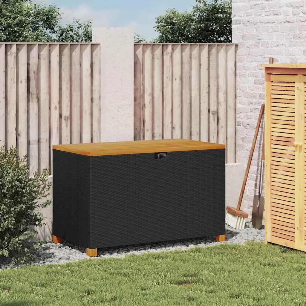 Garden Storage Box Bench Outdoor Patio Black Poly Rattan Acacia Wood 110 x 55 x 63 cm