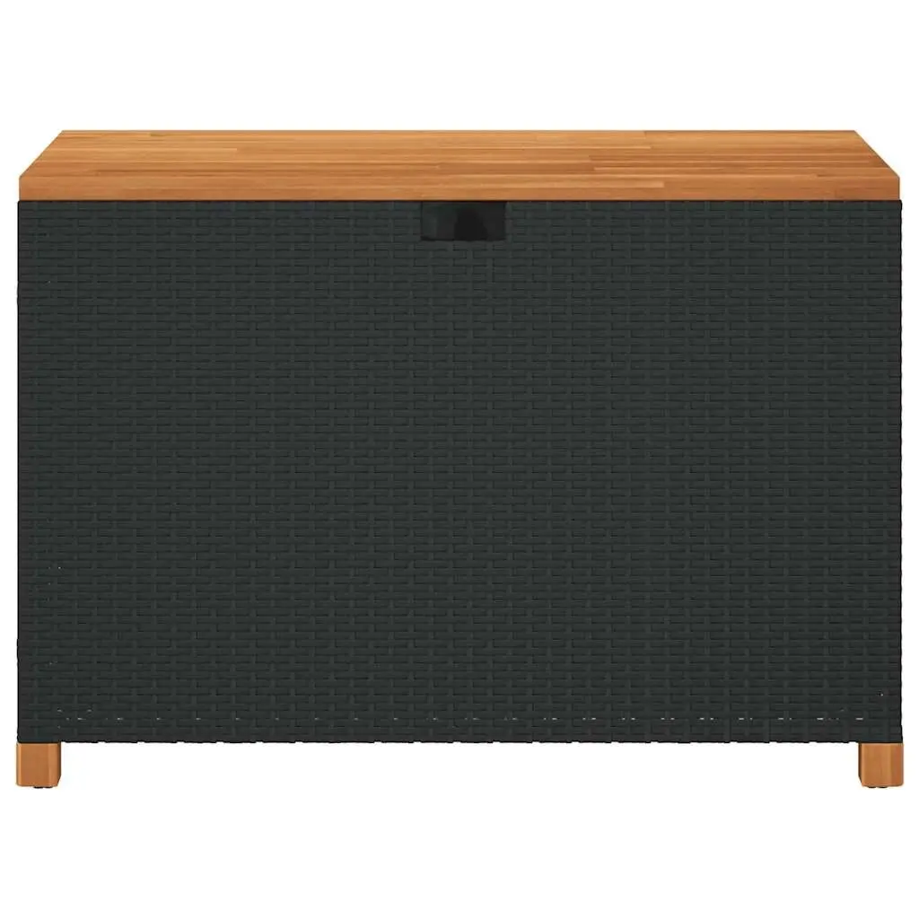 Garden Storage Box Bench Outdoor Patio Black Poly Rattan Acacia Wood 110 x 55 x 63 cm