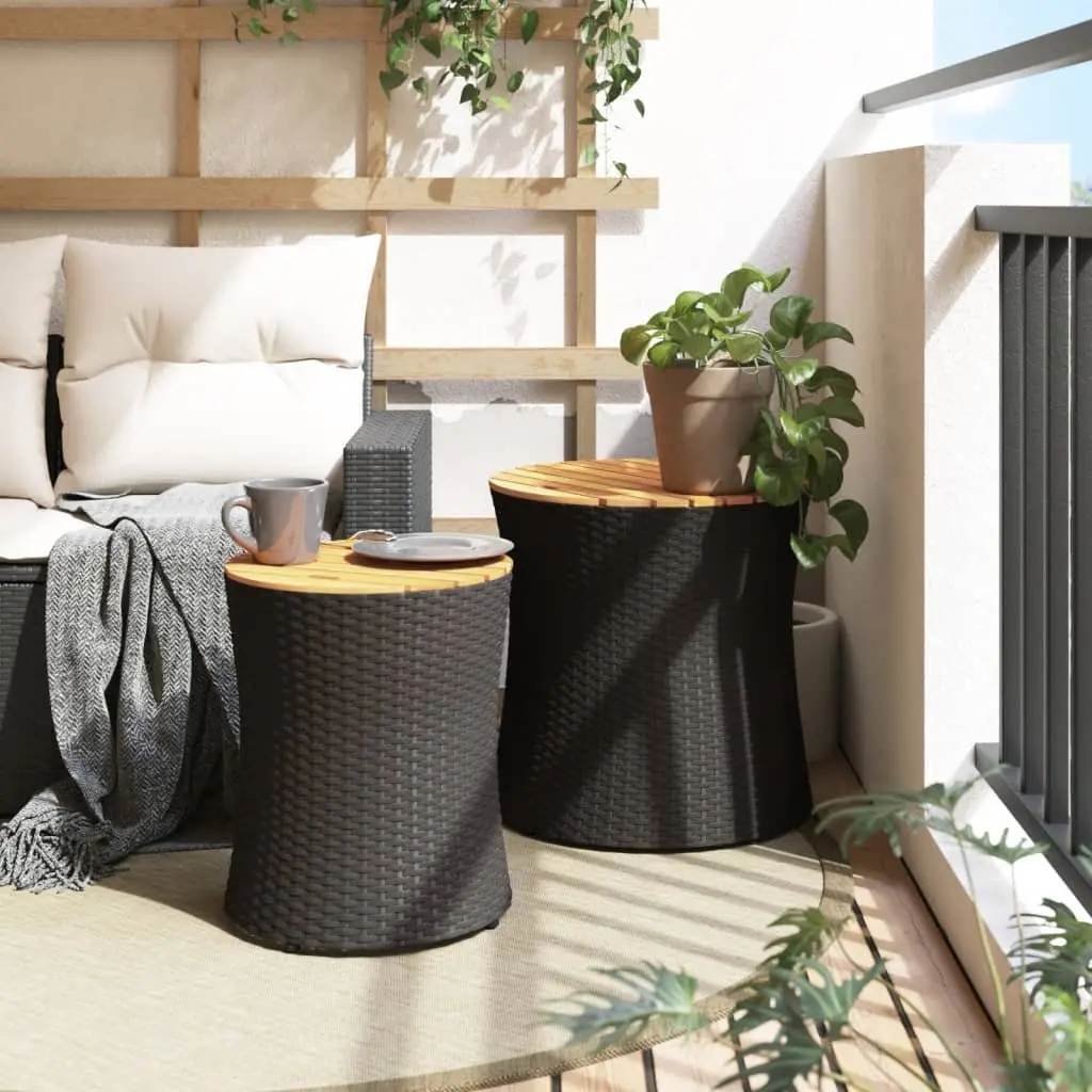 Garden Side Tables Outdoor Patio Furniture 2 Pieces Black Poly Rattan Wooden Top
