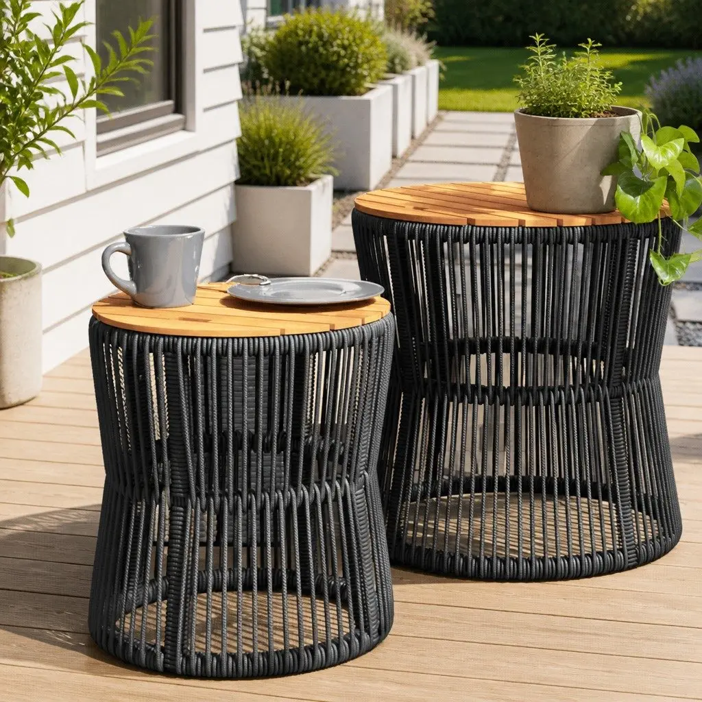 Garden Side Tables Outdoor Use 2 Piece Black Poly Rattan Acacia Wood Top