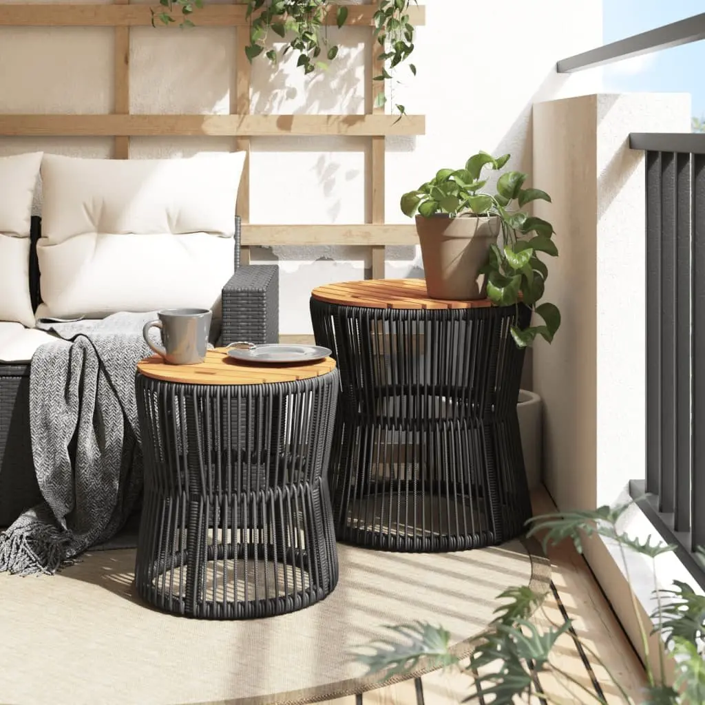 Garden Side Tables Outdoor Use 2 Piece Black Poly Rattan Acacia Wood Top