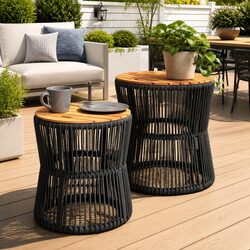 Garden Side Tables Set of 2: Grey Poly Rattan and Wood